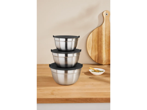Set ciotole in acciaio con coperchio, 3 pezzi