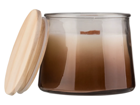 Candela profumata in vetro con stoppino in legno