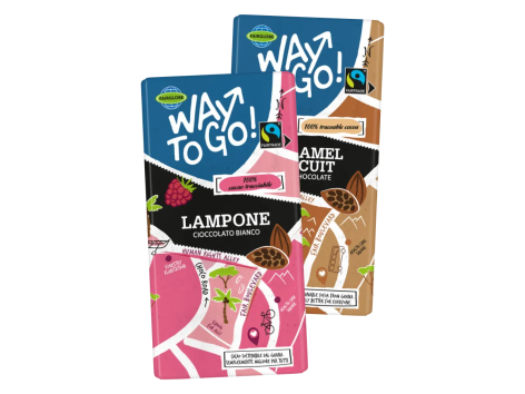 Tavoletta di cioccolato bianco con lamponi o al latte con biscotti e caramello Way to Go