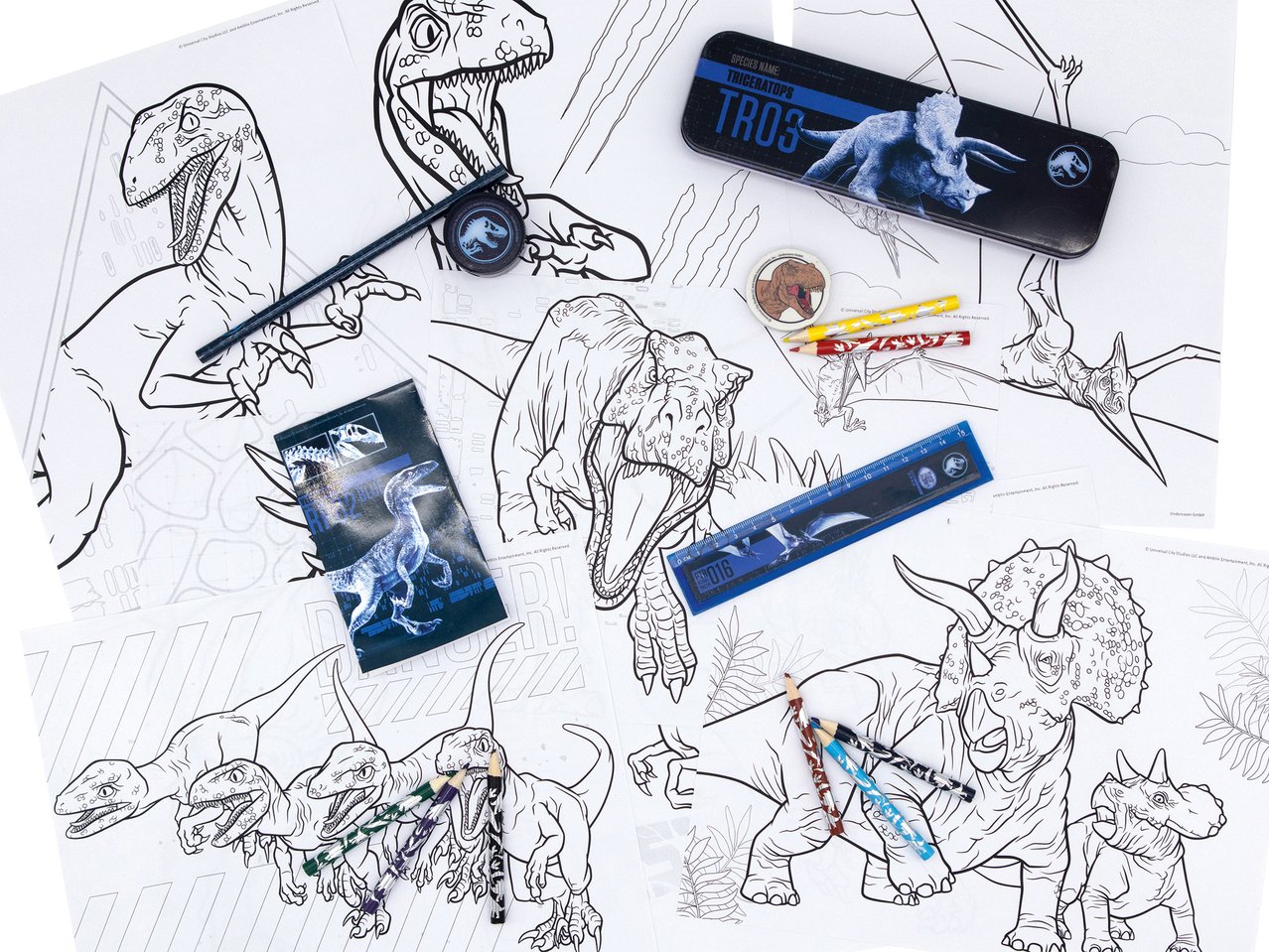 Astuccio con accessori e disegni da colorare "Frozen, Minions, Spiderman, Jurassic World"