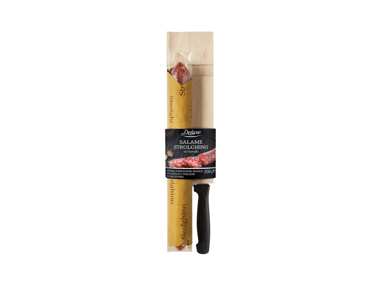 Salame strolghino al tartufo con tagliere e coltello