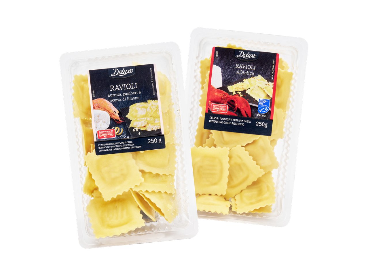 Ravioli astice o con burrata, gamberi e scorza di limone