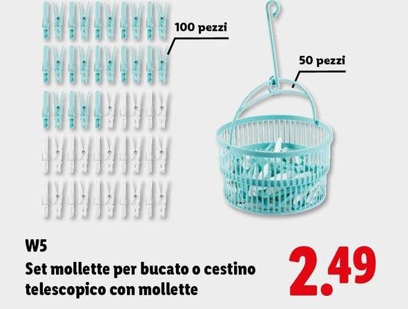 W5 - Set Mollette Per Bucato O Cestino Telescopico Con Mollette