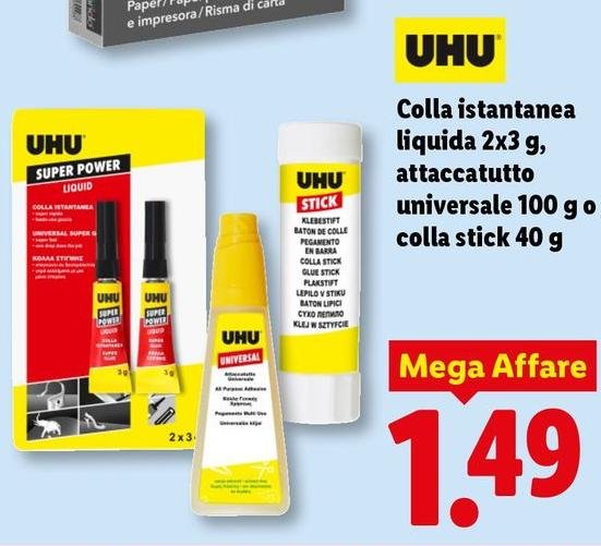 Uhu - Colla Istantanea Liquida 2x3 G, Attaccatutto Universale 100 G O Colla Stick 40 G