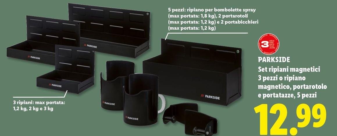 Parkside - Set Ripiani Magnetici 3 Pezzi O Ripiano Magnetico, Portarotolo E Portatazze, 5 Pezzi
