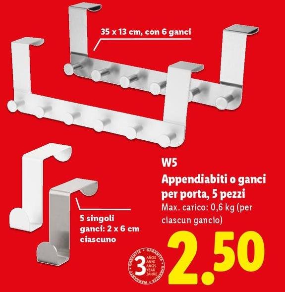 W5 - Appendiabiti O Ganci Per Porta, 5 Pezzi
