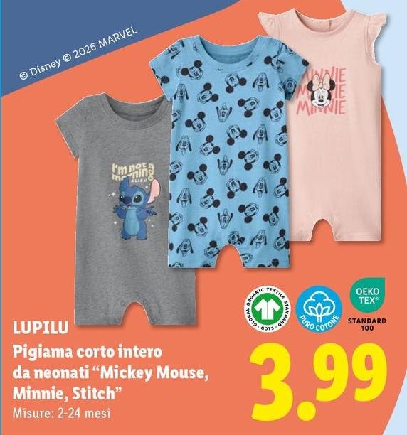 Lupilu - Pigiama Corto Intero Da Neonati "Mickey Mouse, Minnie, Stitch"
