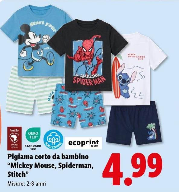 Pigiama Corto Da Bambino "Mickey Mouse, Spiderman, Stitch"