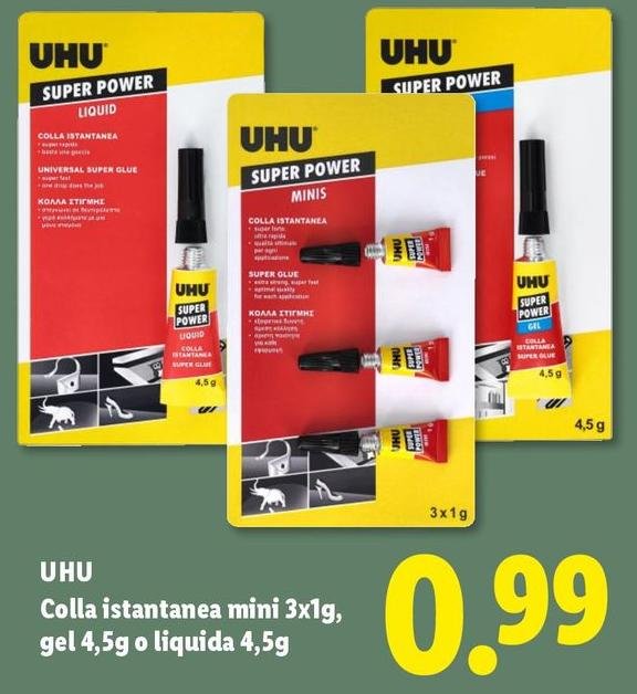 Uhu - Colla Istantanea Mini 3x1g, Gel4,5g O Liquida 4.5g