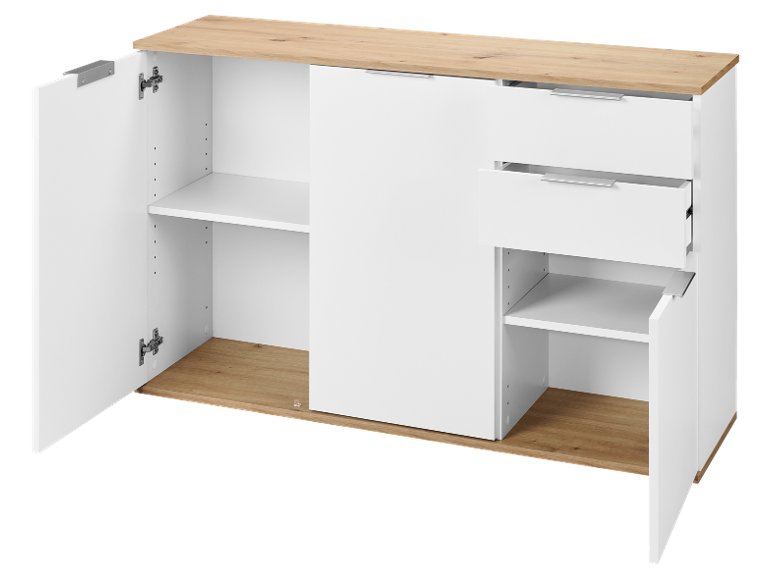 Mobiletto con 3 ante e 2 cassetti, bianco/rovere