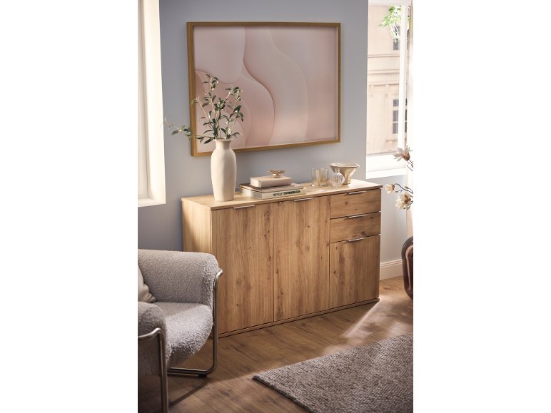 Mobiletto con 3 ante e 2 cassetti, simil-rovere