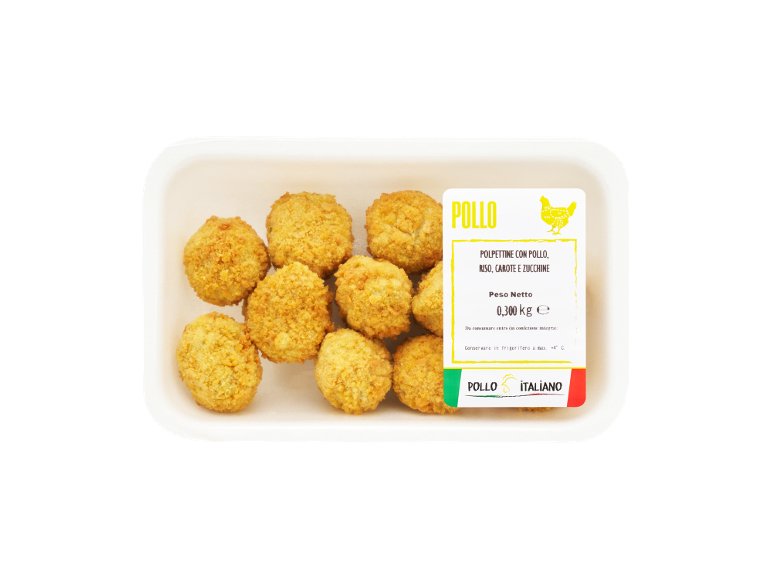 Polpettine di filetto di pollo con riso, carote e zucchine