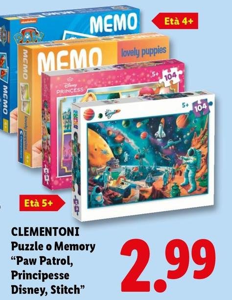 Clementoni - Puzzle O Memory "Paw Patrol/Principesse Disney/Stitch"
