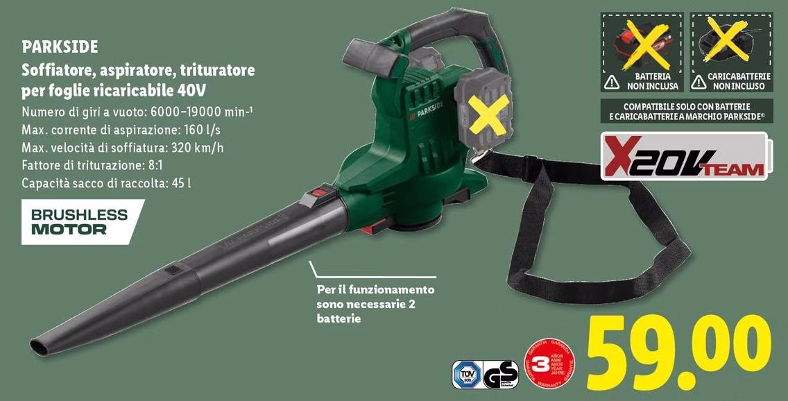 Parkside - Soffiatore, Aspiratore, Trituratore Per Foglie Ricaricabile 40V