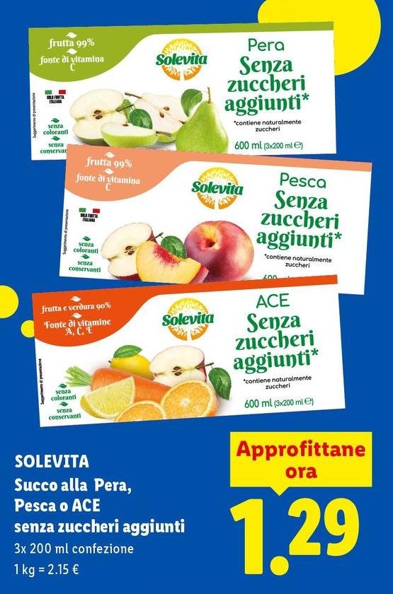 Solevita - Succo Alla Pera, Pesca O Ace Senza Zuccheri Aggiunti