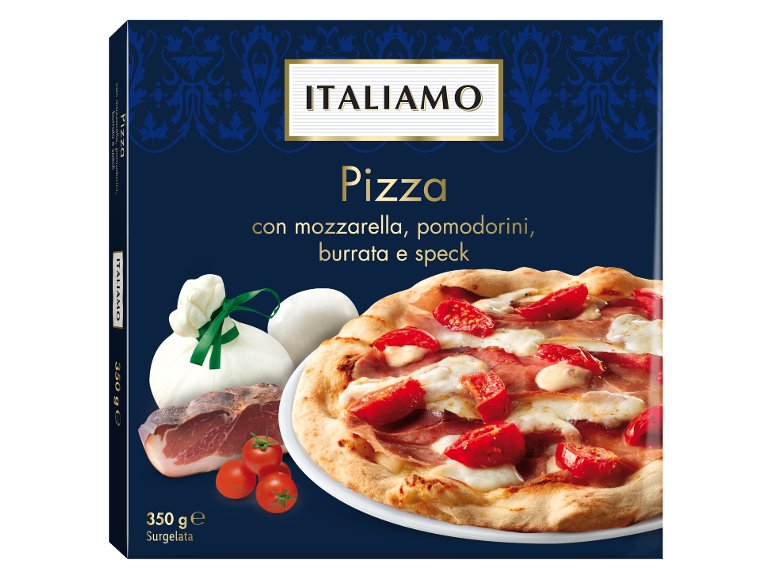 Pizza con mozzarella, pomodorini, speck e burrata